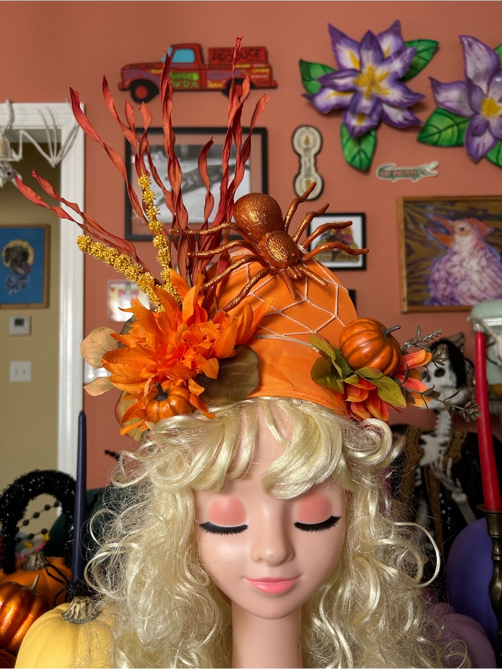 Halloween Orange Pumpkin Spider Mini Top Hat Costume Accessory